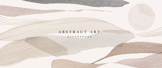 Mountain oriental style background vector. Chinese and Japanese oriental line art mountain and sun with  watercolor texture. Natural abstract art. Home deco, wall arts for prints and cover template.