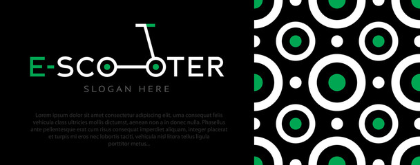 logo electro scooter on a black background with place for text. Seamless background with circles. Eco transport concept. Vector, illustration