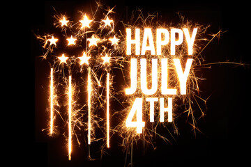 Happy Juny 4th in Sparkler effect on black background