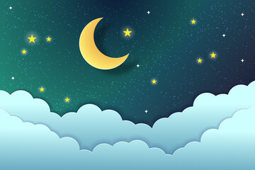 night sky with stars and moon. paper art style. dreamy background with moon stars and clouds, abstra