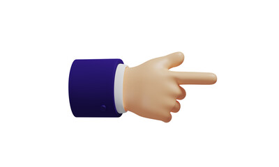 Cartoon hand with dark blue sleeves shows backhand index pointing right isolated on white background, 3D rendering
