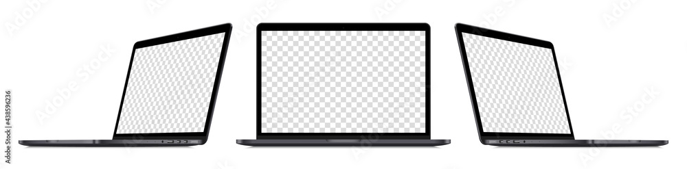 Realistic laptop device perspective mockup set : front view, sideways view. Isolated dark grey computer with empty screens on white background. Editable blank screen mock-up. Vector illustration. - obrazy, fototapety, plakaty 