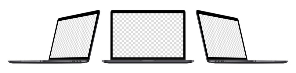 Wall Mural - realistic laptop device perspective mockup set : front view, sideways view. isolated dark grey compu