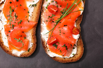 Wall Mural - sandwich toast with smoked salmon and cream cheese
