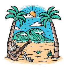 Wall Mural - Playing guitar on the beach illustration