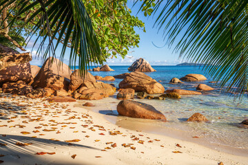 Wall Mural - sunrise at tropical beach anse lazio on praslin on the seychelles