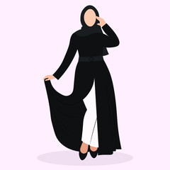 Arabic young woman in hijab, Muslim girl in fashion traditional black dress abaya from UAE or Saudi Arabia posing, facaless islamic model vector illustration