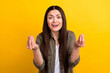 Photo of unhappy sad stressed mature lady show italian gesture argue isolated on yellow color background