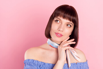 Canvas Print - Photo of cheerful nice happy lovely lady look empty space touch face skin isolated on pastel pink color background