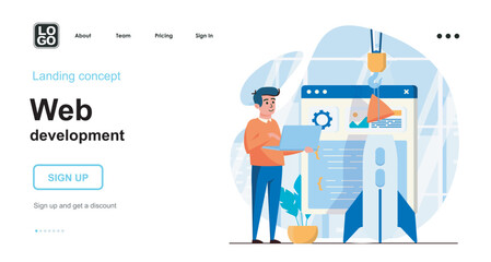 Web development web concept. Developer creates page layout, building site, develop startup business. Template of people scene. Vector illustration with character activities in flat design for website