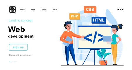 Web development web concept. Team of programmers coding code, work with different program languages. Template of people scene. Vector illustration with character activities in flat design for website