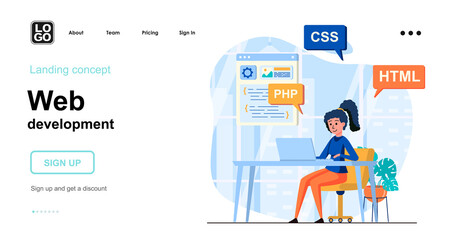 Web development web concept. Woman writes code in different program languages, creates page layout. Template of people scene. Vector illustration with character activities in flat design for website