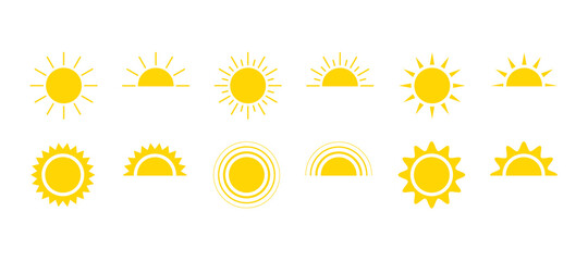 yellow sun icon set, sunshine and solar glow, sunrise or sunset. decorative circle full and half sun
