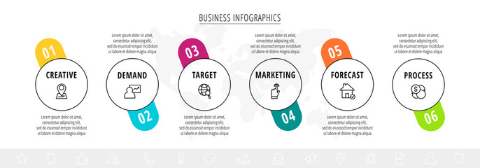 Line vector infographics with six circles. Modern concept 6 icons with labels step by step for the app, business, website, interface, chart, levels, web, diagram, banner, presentations