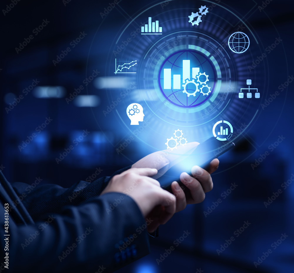 Business analytics big data analysis technology concept on VR screen ...