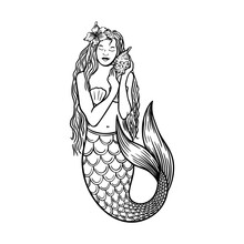 Beautiful Young Mermaid With Lilies With The Sea Shell And Pearl. Sea Underwater Fantasy Creature With Tail And Decorative Long Hair.