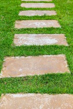 Japanese Brown Stone Path And Fresh Green Gress Or Brown Stone Slab On The Fresh Green Lawn.