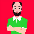 bald man with a beard with green t shirt hands crossed   vector illustration