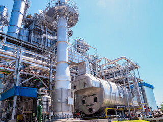 Auxiliary boiler systems from natural gas which include stack, burner, boiler and sky in power plant.