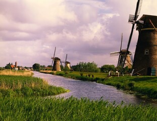 netherlands, kinderdijk, windmills, europe, river, meadow, water, cloudy sky, exterior, 