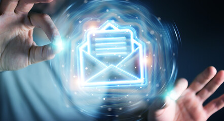 Fototapete - Man using digital email blue holographic interface 3D rendering