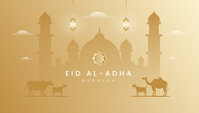 Eid Al Adha Mubarak Background, Banner, Greeting Design With Gradient Gold Color Theme. Silhouette Mosque Lamb, Goat And Camel.
