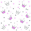 Hand drawn seamless pattern with doodle crowns. Cute baby and little princess design. Children's room wallpaper and clothes texture.