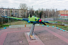 Aerial View Of The Monument To The Il-2 Attack Aircraft In Lebyazhye. Russia, Leningradskaya Region, 06.04.2021