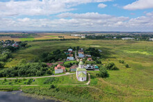 Russia, Suzdal. The Church Of Elijah The Prophet On Ivanova Hill Or The Church Of Elias Is A Temple In Suzdal In The Bend Of The Kamenka River. Aerial View