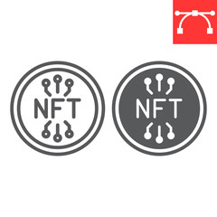 NFT coin line and glyph icon, unique token and blockchain, non fungible token vector icon, vector graphics, editable stroke outline sign, eps 10.