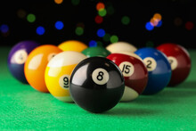 Many Colorful Billiard Balls On Green Table, Closeup