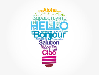 Poster - Hello word cloud in different languages of the world in shape of light bulb, concept background