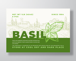 Wall Mural - Basil Label Template. Abstract Vector Packaging Design Layout. Modern Typography Banner with Hand Drawn Herb Leaves and Rural Landscape Background. Isolated