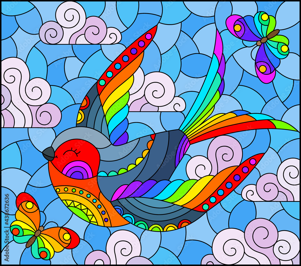 Illustration in the style of a stained glass window with a bright cartoon swallow and butterfly against a cloudy sky, rectangular image