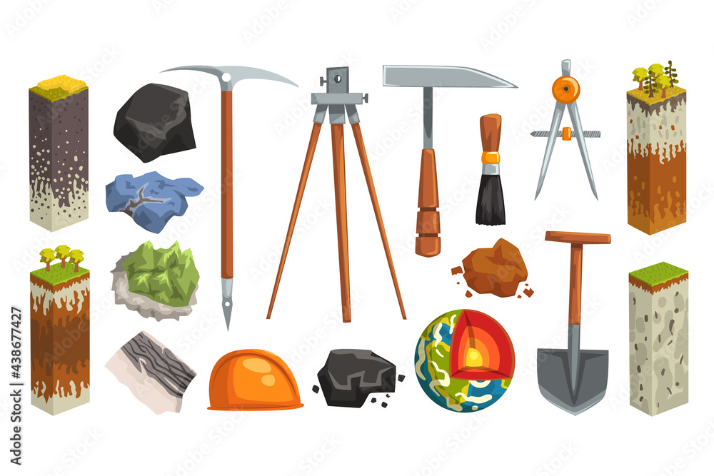 Geology and Earth Exploration Related Symbols Set, Globe Structure, Soil Layers, Geological Tools Vector Illustration - obrazy, fototapety, plakaty 