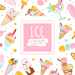 Canvas Print - Ice Cream Banner Template, Card, Poster Design with Sweet Tasty Desserts Seamless Pattern Vector Illustration