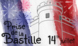 Bastille on watercolor tricolor background. Prise de la Bastille 14 juillet. Bastille day 14 july. French National Day. Viva la France. French revolution. Greeting card