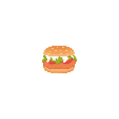 Sticker - Pixel art chicken burger icon. Vector Retro 8 bit illustration of chicken burger. Pixel fast food isolated chicken burger. Pixel vector chicken burger with mayo icon for game, sticker, app, web design