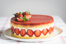 French Strawberry Cake Fraisier On White Plate.
