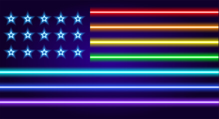 neon sign of the American flag with different color stripes. neon sign glow-in-the-dark US flag with blue stars and horizontal rainbow stripes, LGBT symbol on dark background for design template