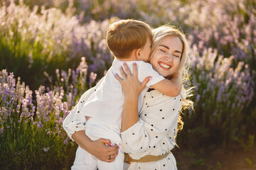 little boy with her mother in a lavender field