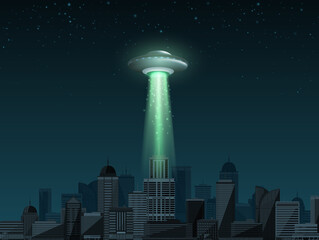 Wall Mural - UFO spaceship with a light beam flying over the city. UFO day Vector illustration