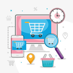 Wall Mural - shopping cart in computer with symbol set