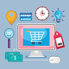 Wall Mural - shopping cart in computer with icon set
