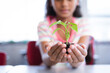 © WavebreakMediaMicro - Mid section of girl holding a plant seedling while sitting on her desk in class at school
