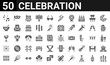50 icon pack of celebration web icons. filled glyph icons such as candles,music,garlands,fireworks,cocktail,punch,mask,disco ball. vector illustration