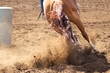 A horse running from behind with hip, tail and muscles showing and dirt flying.