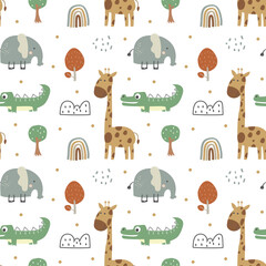 Wall Mural - seamless pattern of cute animals with hand drawn style