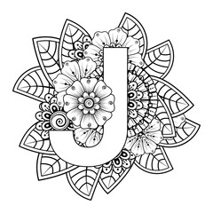 Letter J with Mehndi flower. decorative ornament in ethnic oriental style. coloring book page. 