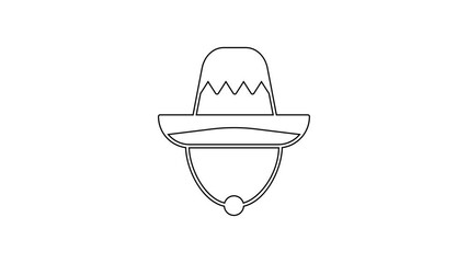 Sticker - Black line Traditional mexican sombrero hat icon isolated on white background. 4K Video motion graphic animation